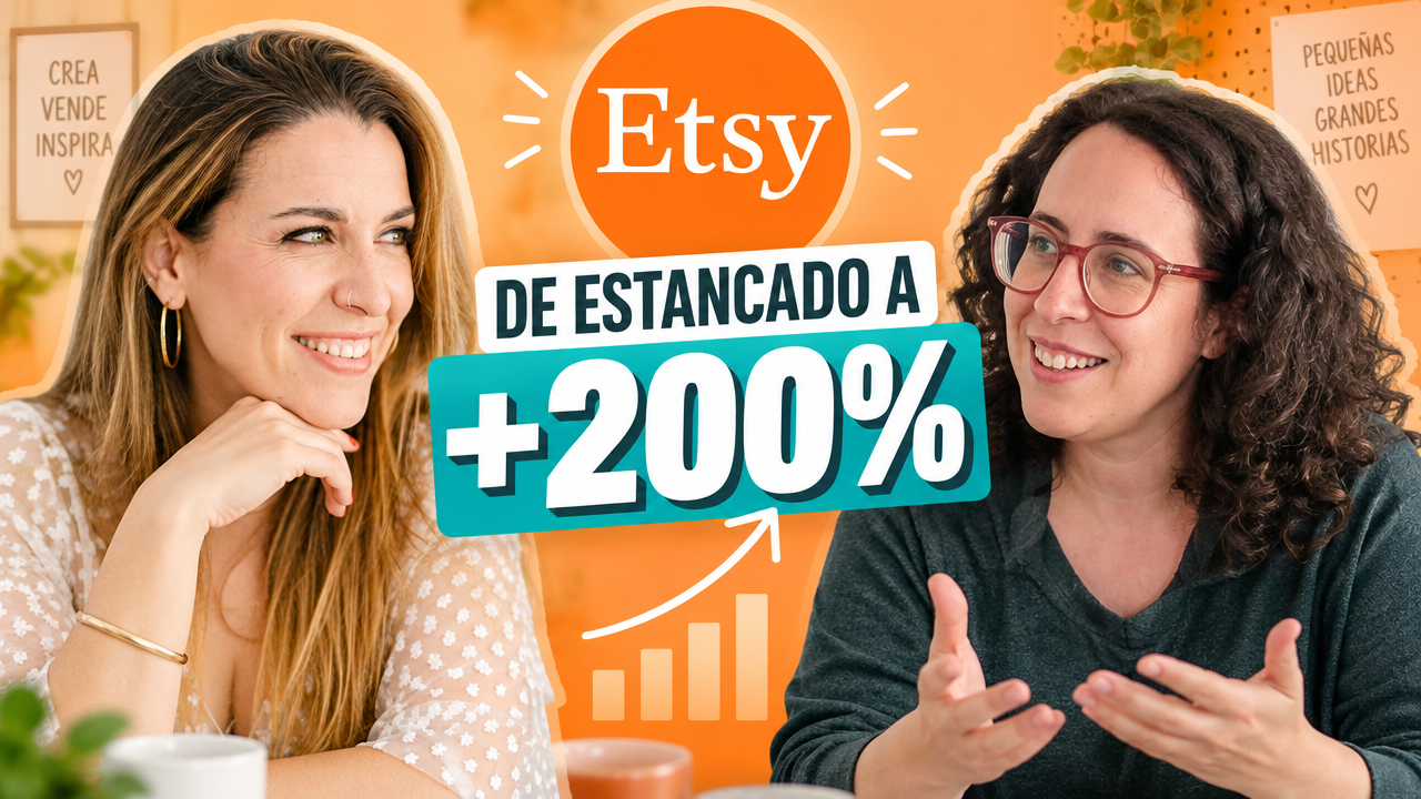 Miniatura de YouTube sobre cómo pasar de un negocio estancado a crecer más de un 200 % en Etsy, con Mireia Solsona y Eli, el logotipo de Etsy y un gráfico de crecimiento.