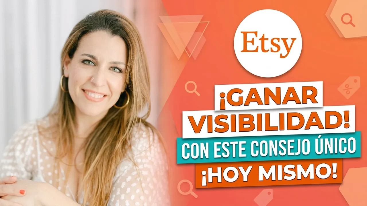 Mireia Solsona sonríe junto al logo de Etsy y el mensaje para ganar visibilidad con el algoritmo de Etsy