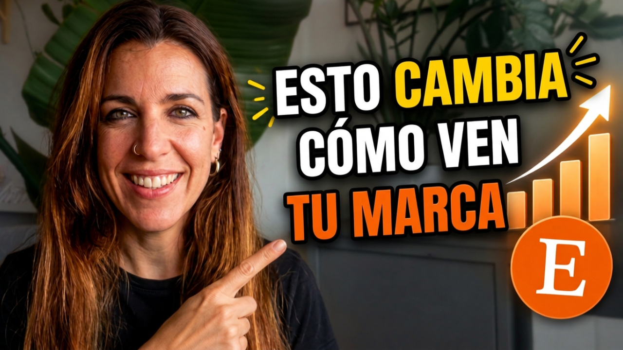 Mireia señalando un gráfico de crecimiento junto al mensaje "Esto cambia cómo ven tu marca", relacionado con el crecimiento de una marca en Etsy.