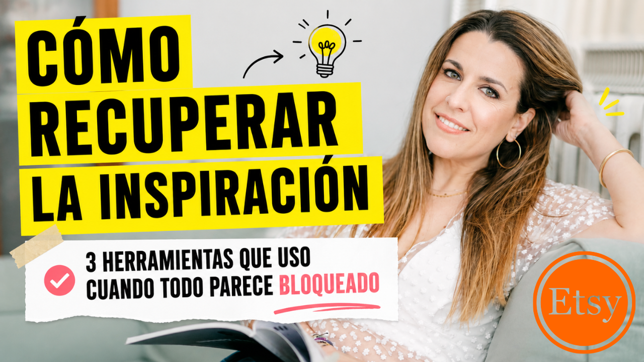 Miniatura de YouTube sobre cómo recuperar la inspiración cuando te sientes bloqueada. Aparece Mireia Solsona sonriendo mientras sostiene un cuaderno, junto al texto “Cómo recuperar la inspiración” y “3 herramientas que uso cuando todo parece bloqueado”.