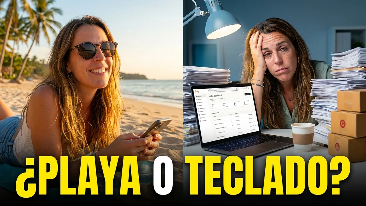 Alt text: Mujer trabajando en Etsy desde la playa durante sus vacaciones