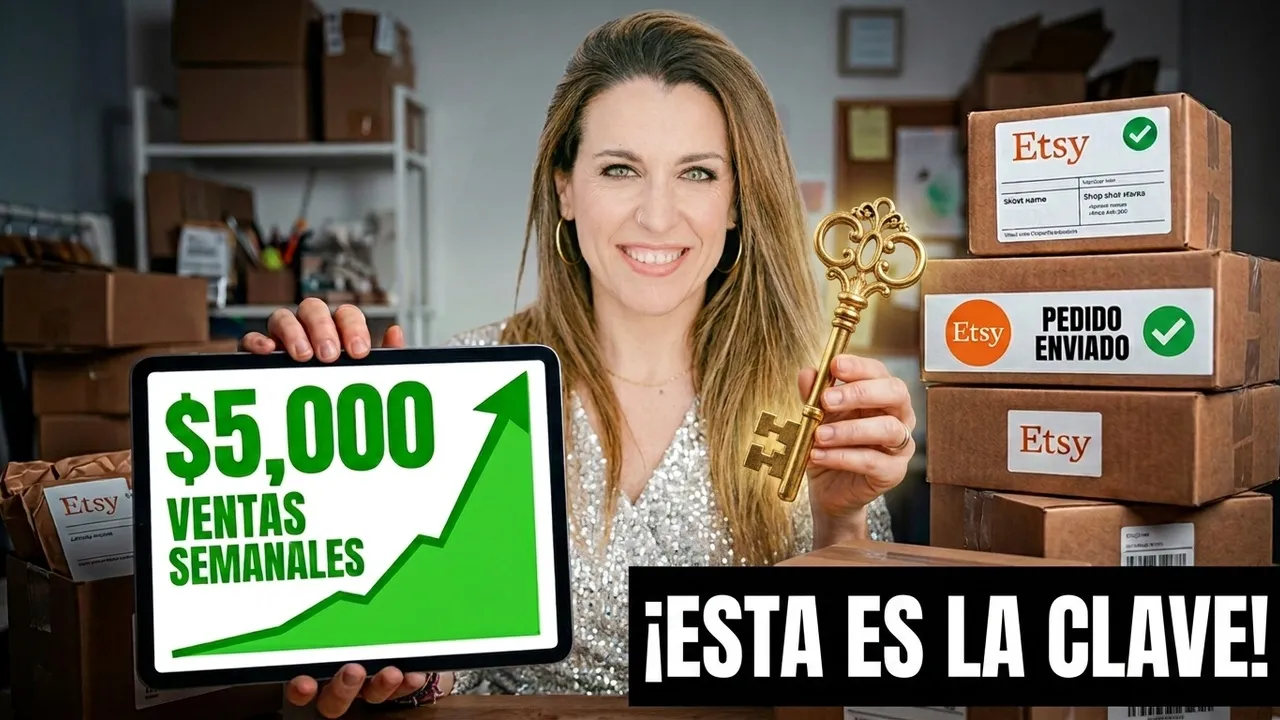 Mireia mostrando la clave para alcanzar 5.000 dólares en ventas semanales en Etsy con cajas de pedidos y gráfico de crecimiento.