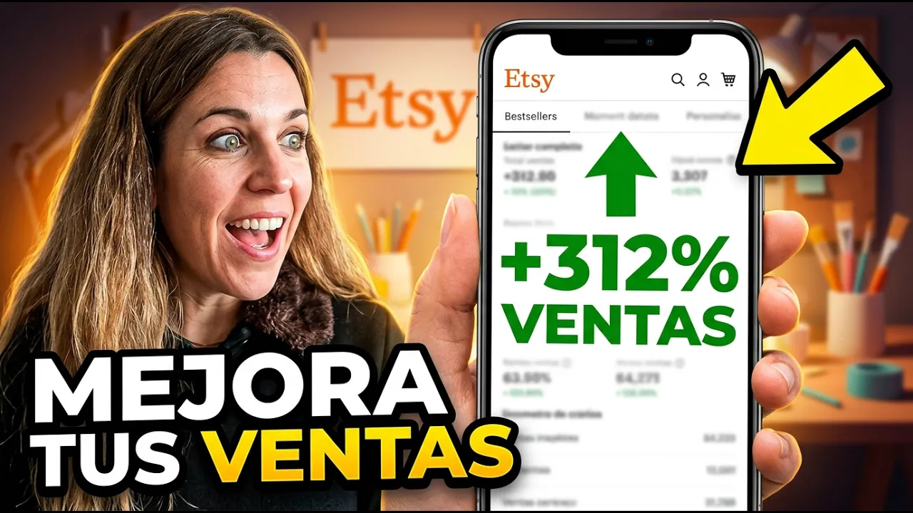 Mireia mostrando una tienda de Etsy en su teléfono con un aumento del 312% en ventas